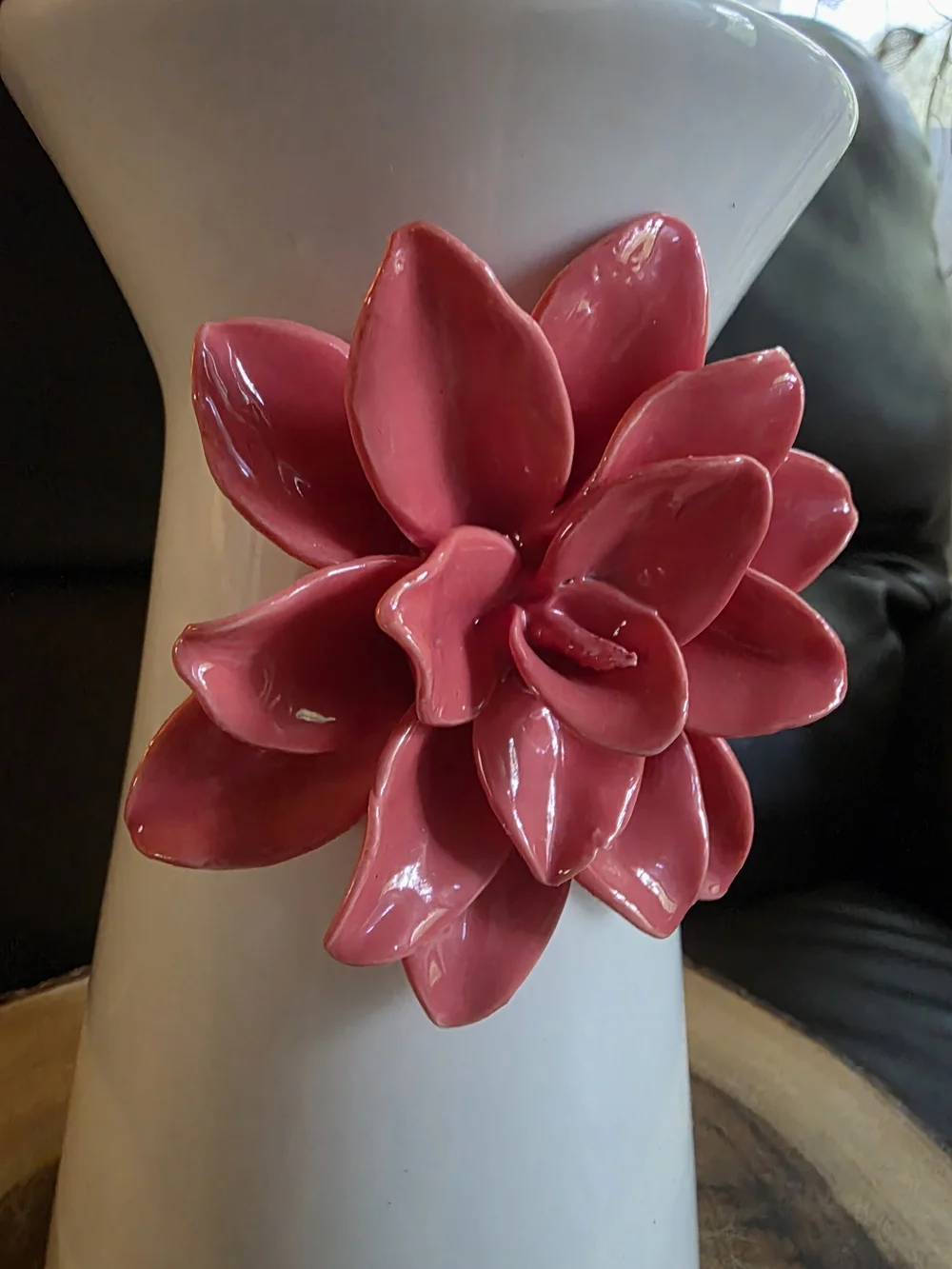 Vintage Shabby Chic White Ceramic Vase with 3D Pink Flower Accent